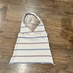 LESET White Halter Top with Blue and Red Stripes